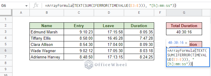 entering the sum of duration value to calculate the average